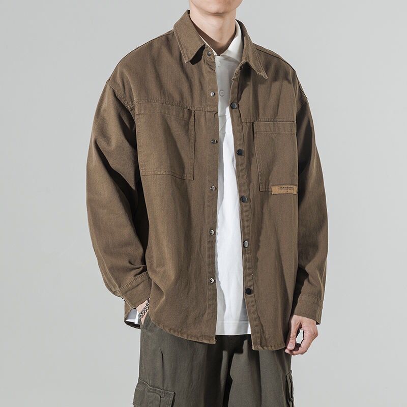 Men's tooling shirt jacket, spring and autumn style, plus size trendy brand casual top, solid color cardigan lapel jacket, men's oversized size