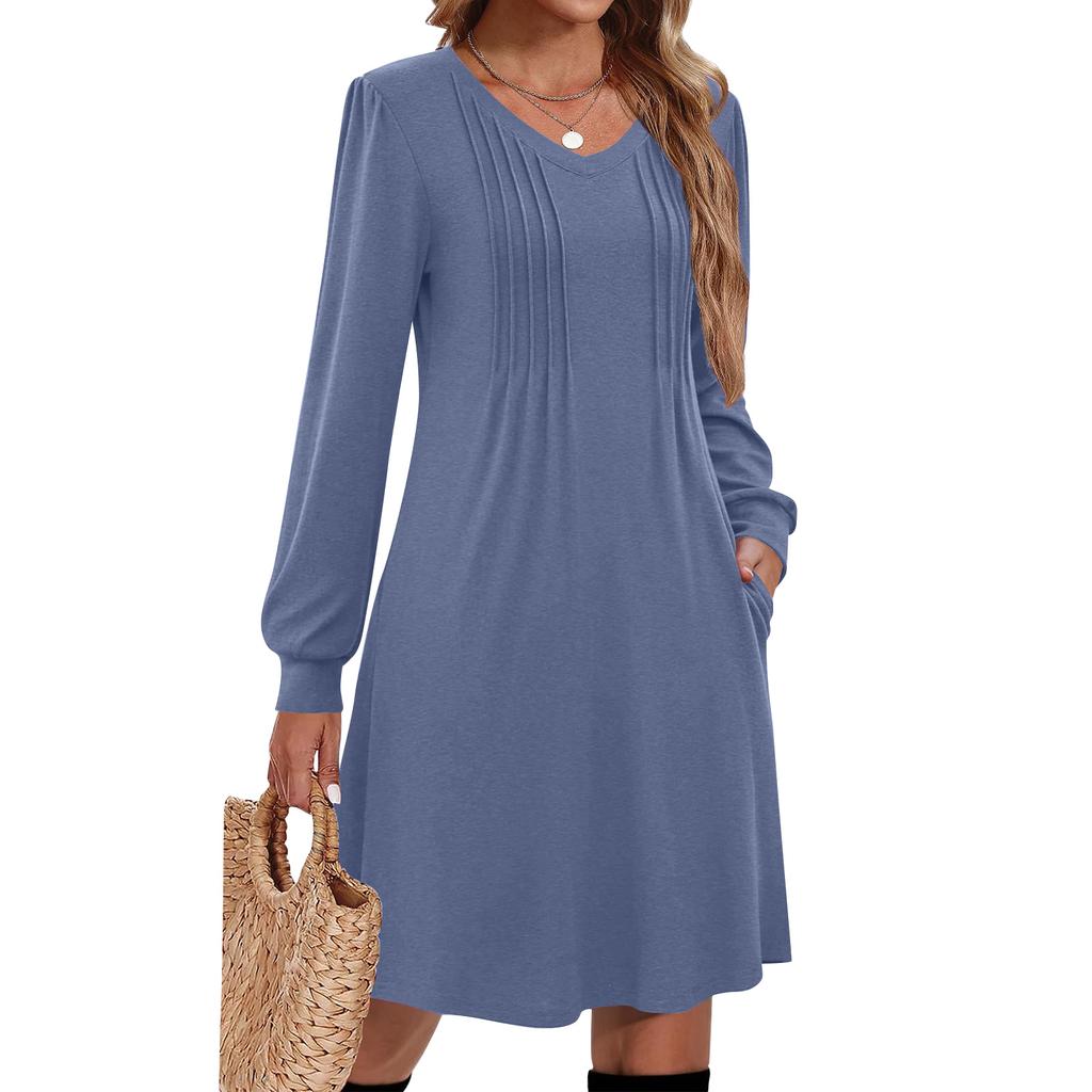 Women's Solid Color Casual Fashion V-neck Long Sleeved Mid Length Dress