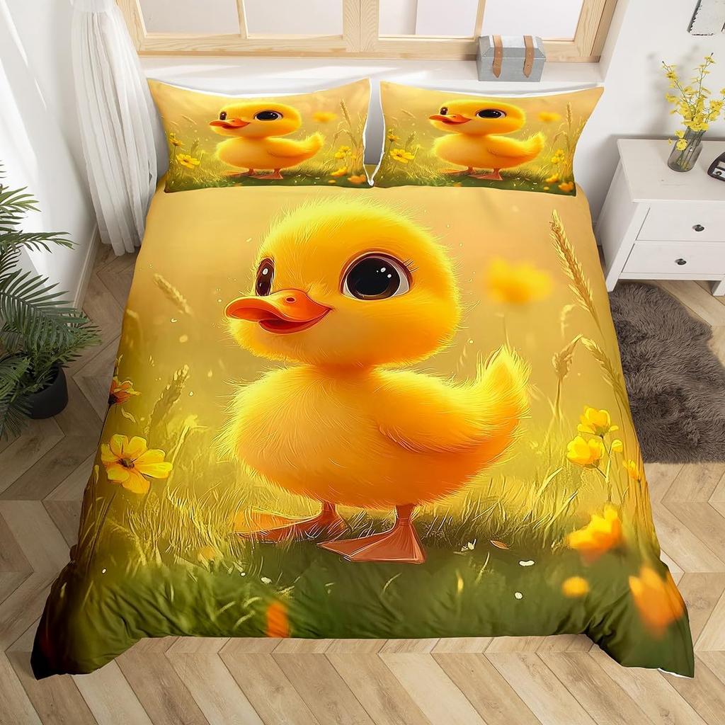 Yellow Duck Duvet Cover Twin Cartoon Ducks Comforter Cover Farmhouse Wild Animal Bedding Set Rustic Country Wildlife Quilt Cover