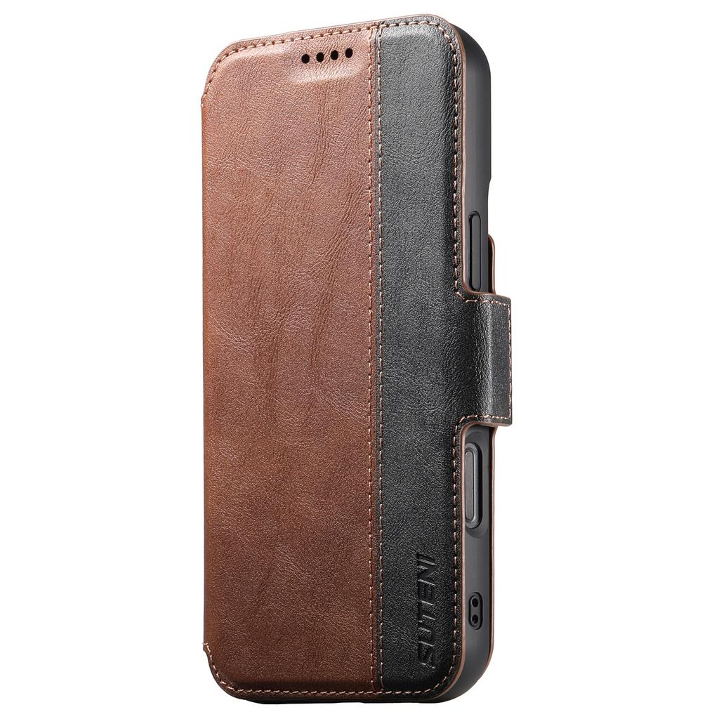 SUTENI Q-07 For iPhone 16 Case Magnetic Color Splicing Cowhide Texture Leather Cover