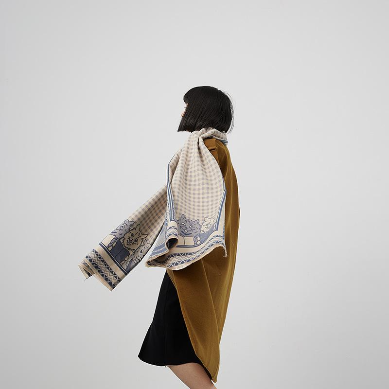 Imitation Cashmere Plaid Scarf Women'S Cute Kitten Printing Trend Big Shawl Warm Thick Scarf