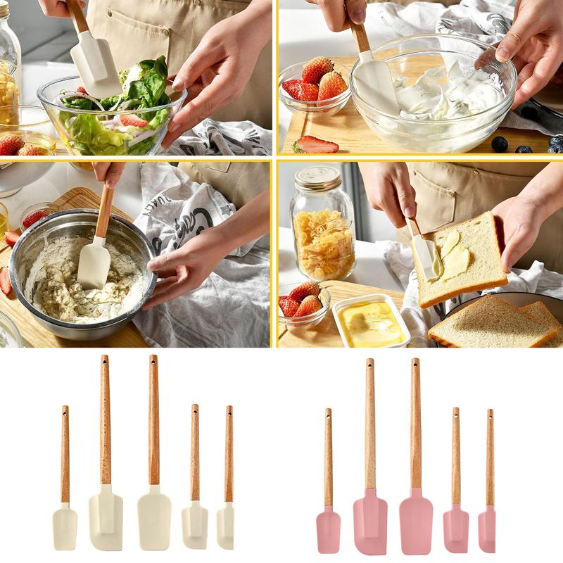5Pcs Cream Cake Silicone Spatula Wooden Handle Baking Pastry Scraper Blenders Non-Stick Kitchen Dessert Baking Spatula Set