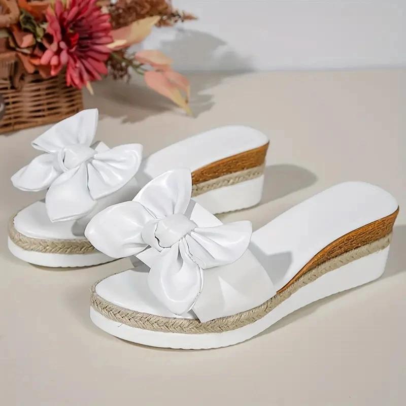 Fashion Fashion Bowknot Wedge Slippers for Women 2025 Summer Comfortable Non Slip Beach Shoes Woman Lightweight White Platform Sandals