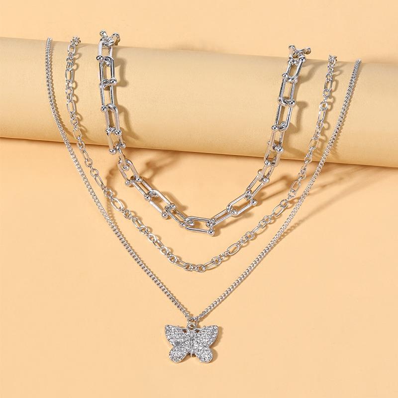 Diamond Butterfly Pendant Jewelry Thick Chain Multi-layer Necklace Exaggerated Personality Collarbone Chain