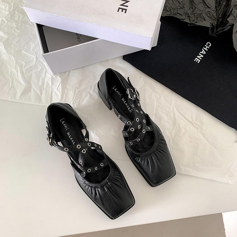 

2025 spring French small leather shoes Mary Jane shoes riveted ballet shoes medium thick heels evening single shoes 39 чорний