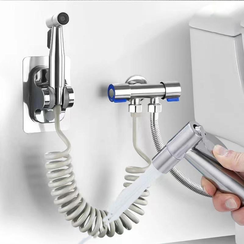 Bathroom toilet matching bidet spray set, one in two out double control double out faucet, with 1.5M flexible hose