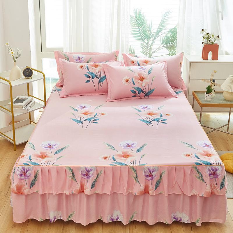 3pcs Modern Korean Floral Bed Skirt Set with Lotus Leaf Embellishments and Princess Floral Pattern, All-Season Brushed Light Beige-Friendly Bedding