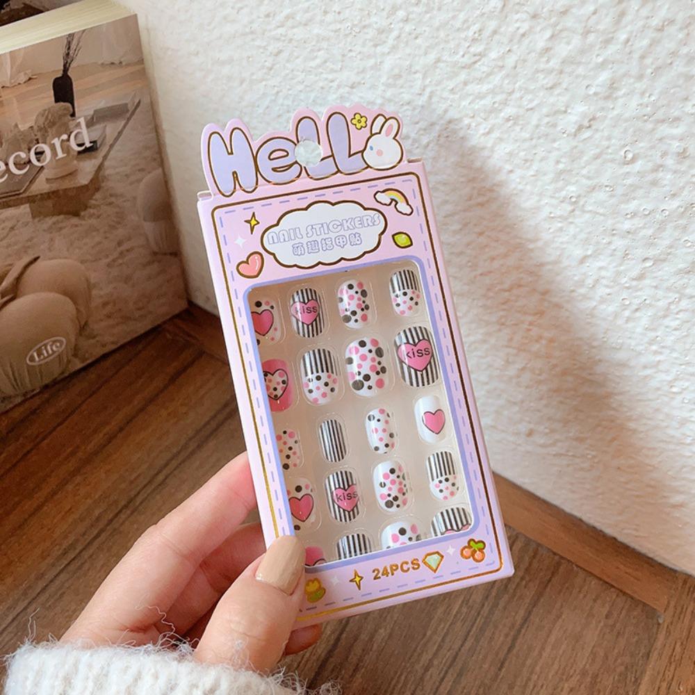 Cute Children Wearing Nails Cherry Love Heart Nail Tips Hot Long Nail Sticker for Girls Students