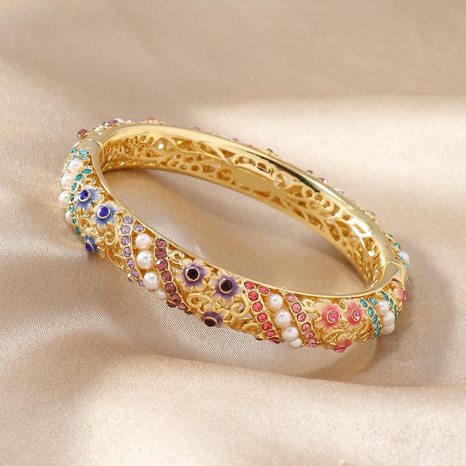 Retro Floral Pearl Enamel Multi-color Oil Drip Bracelet