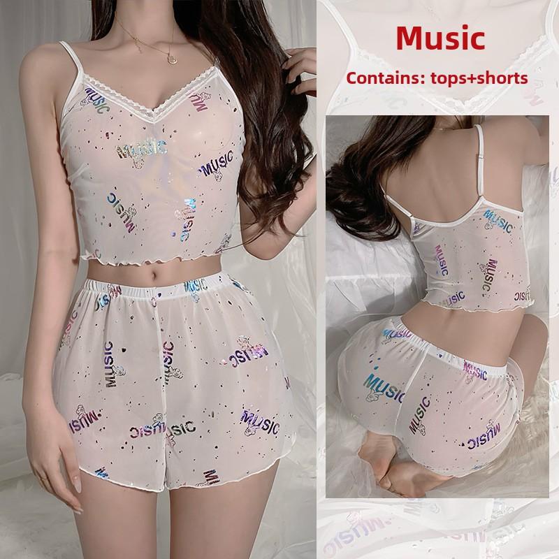 Mesh Pajamas Sexy Suspenders Shorts Cute Sexy Loungewear Set
