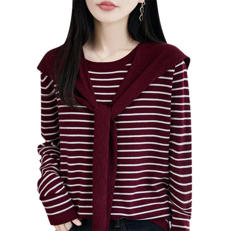 2025 Early Autumn Loose Striped Long Sleeve Wool Knitwear: Stylish Versatile Shawl