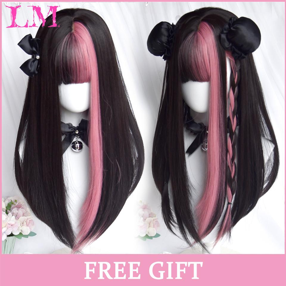 LM Cosplay-Perücke mit Pony, synthetisches glattes Haar, 61 cm lang, hitzebeständig, rosa Perücke für Frauen