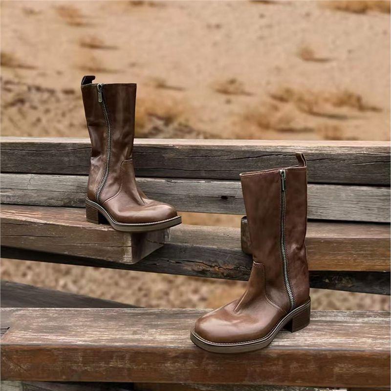 Washing Process Retro Autumn And Winter Knight Boots Women'S Medium Boots British Thick Heel Round Head Leather Side Zipper Fashion Riding Boots