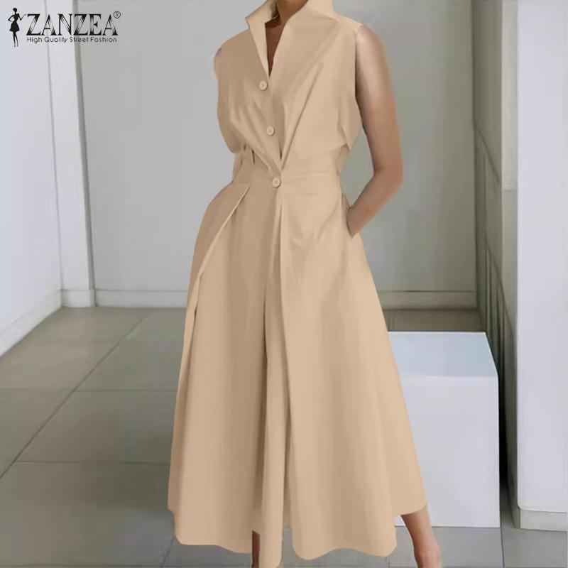 ZANZEA Women Casual Turn Down Collar Loose Summer Sleeveless Dress