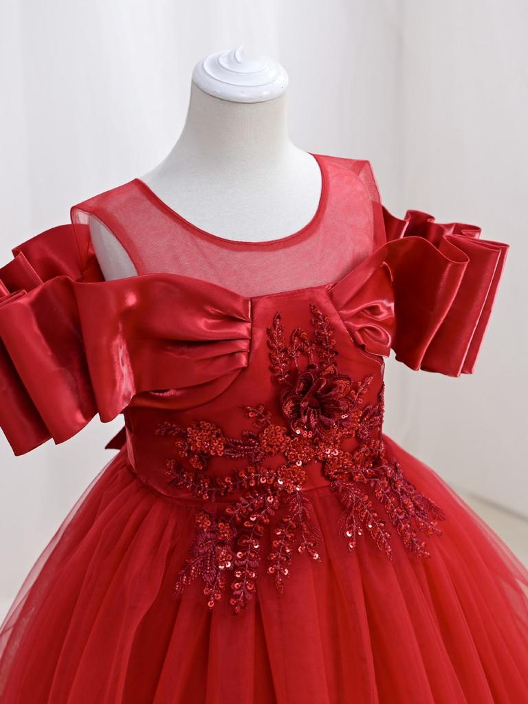 Europäisches & Amerikanisches Mädchen Mesh Puffrock Langes Prinzessinnenkleid - Formelle Blumenmädchen Abendgarderobe