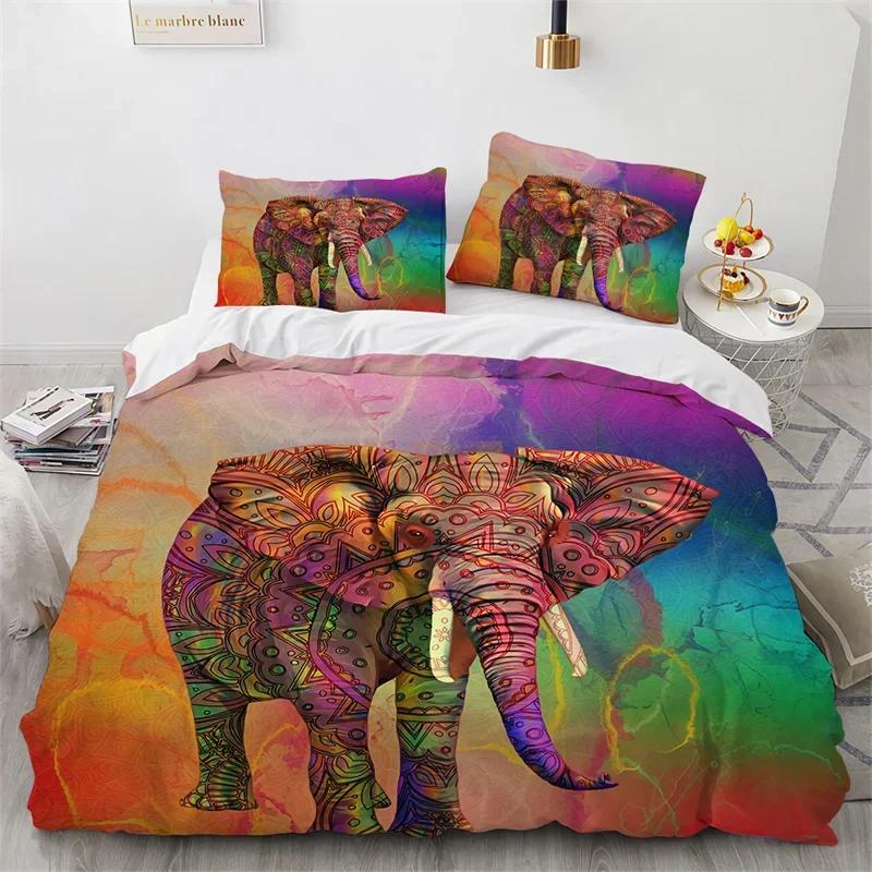 Elephant Duvet Cover King Queen Size Wild Animal Comforter Cover Polyester Bohemian Mandala African Safari Animals Bedding Set