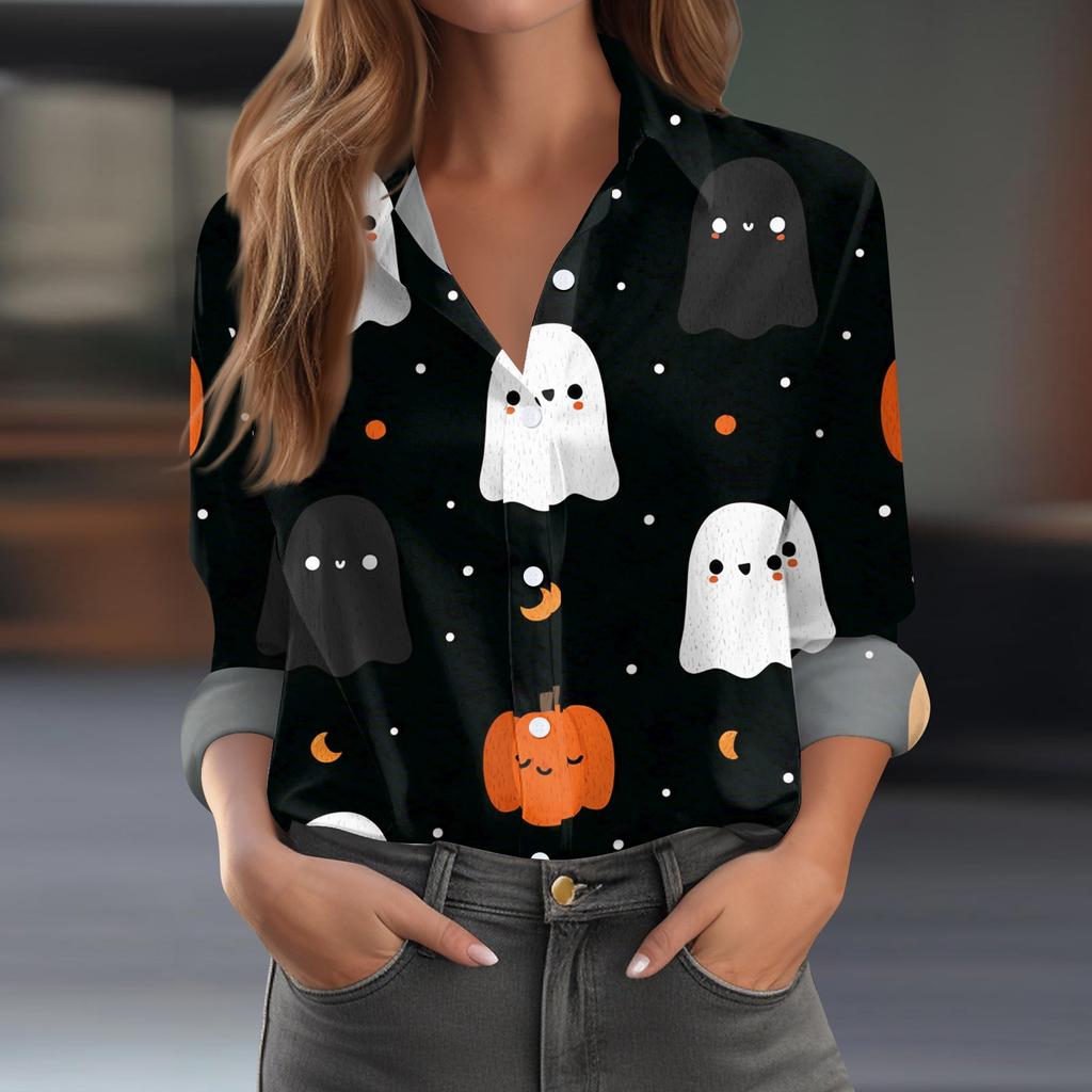 Women's Halloween Printed Casual Half-Open Collar Long Sleeve Shirt
