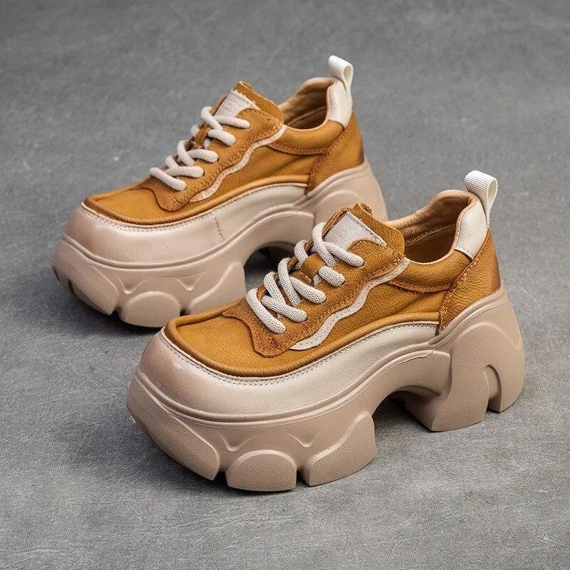 Johnature Thick Soled Heightening Pumps Genuine Leather Lace-up Versatile Retro Women's Platform Shoes