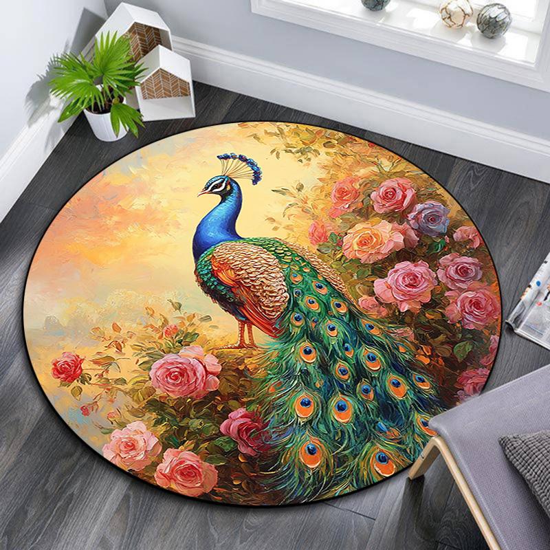Peacock Garden Round Area Rug,Carpet Rug for Living Room Bedroom Sofa Playroom Decor,Non-slip Floor Mat