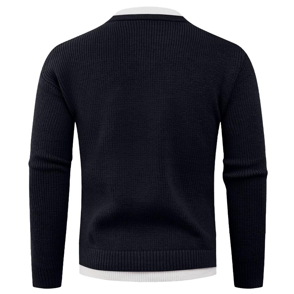 Men's Casual Solid Color Fake Two-piece Knitted Sweater, Men's Long-sleeved Pullover, Loose Inner V-neck Over Round-neck Sweater