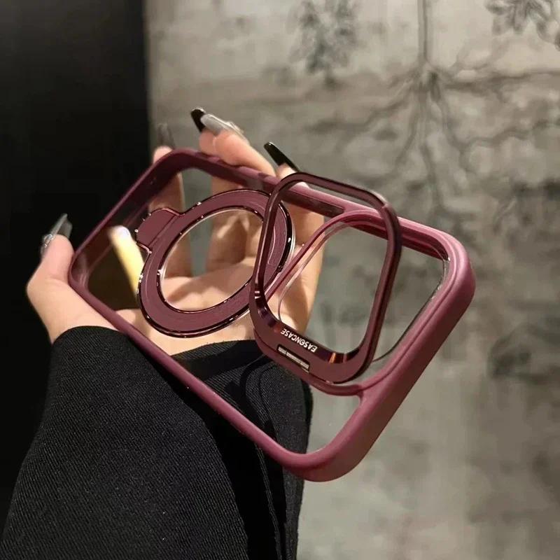 Luxury Ring Magnetic Glass Lens Stand Phone Case for iPhone 17 16 11 13 14 12 15 17 Pro Max Air Magsafe Clear Protect Cover