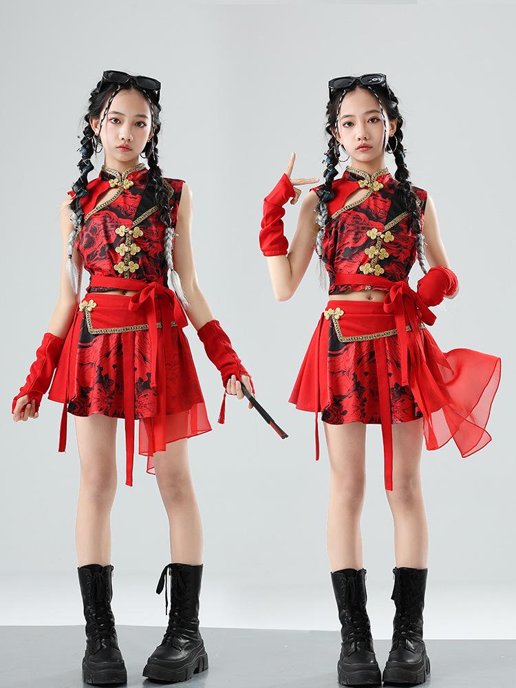 Chinese Red Dragon Jazz Dance Skirt Set - Girls' Fashion Show & Street Dance Costume