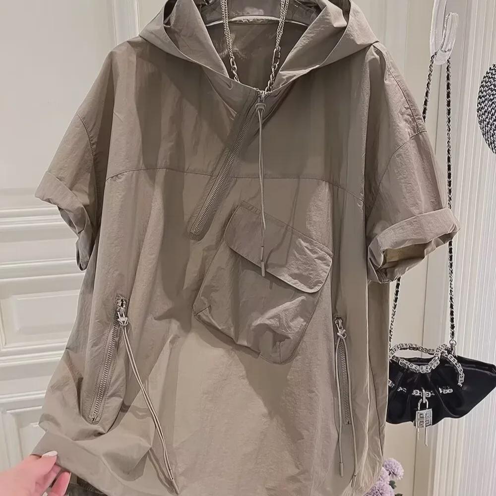 Trendy sommer-hettegenser for menn i ensfarget glidelås med lommedesign – kortermet T-skjorte med løs passform