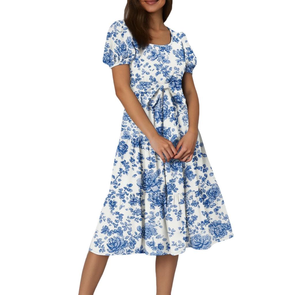 Women's Summer Floral Print Short Sleeves Neck Waistband Bohemian Flowy Maxi Dress With Pockets