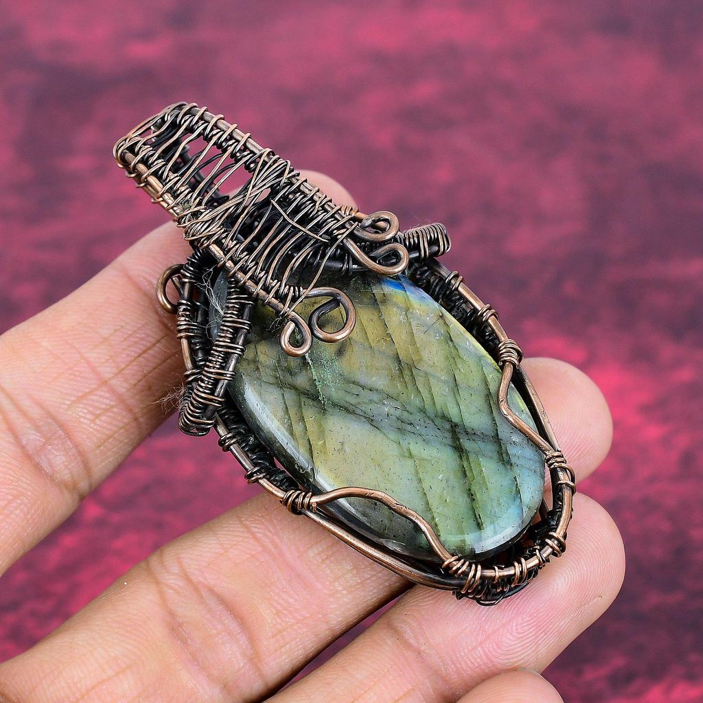 Labradorite Pendant Copper Wire Wrapped Gemstone Jewelry Handmade Dainty Pendant