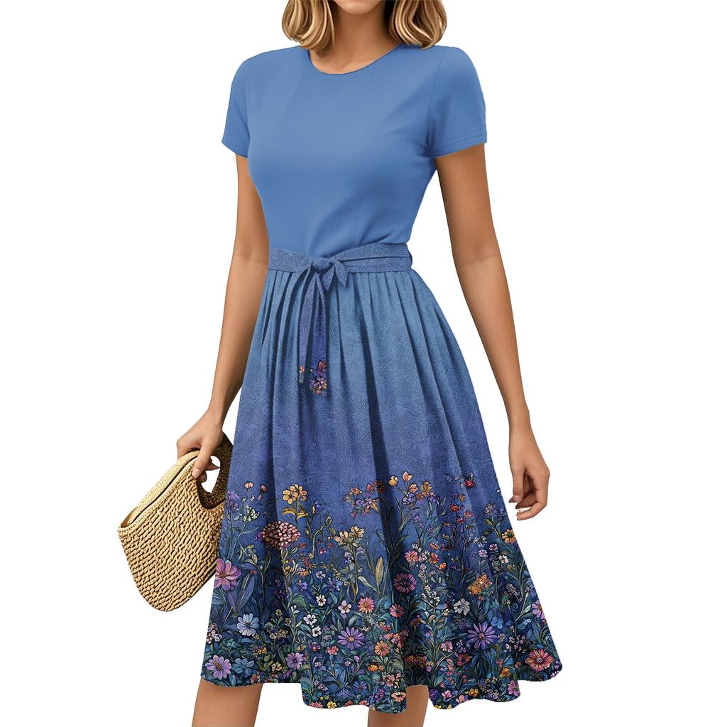 Dámská móda Ležérní pásek Krátký rukáv Kulatý výstřih Geometrický potisk Prošívaný Elegantní temperament Šaty