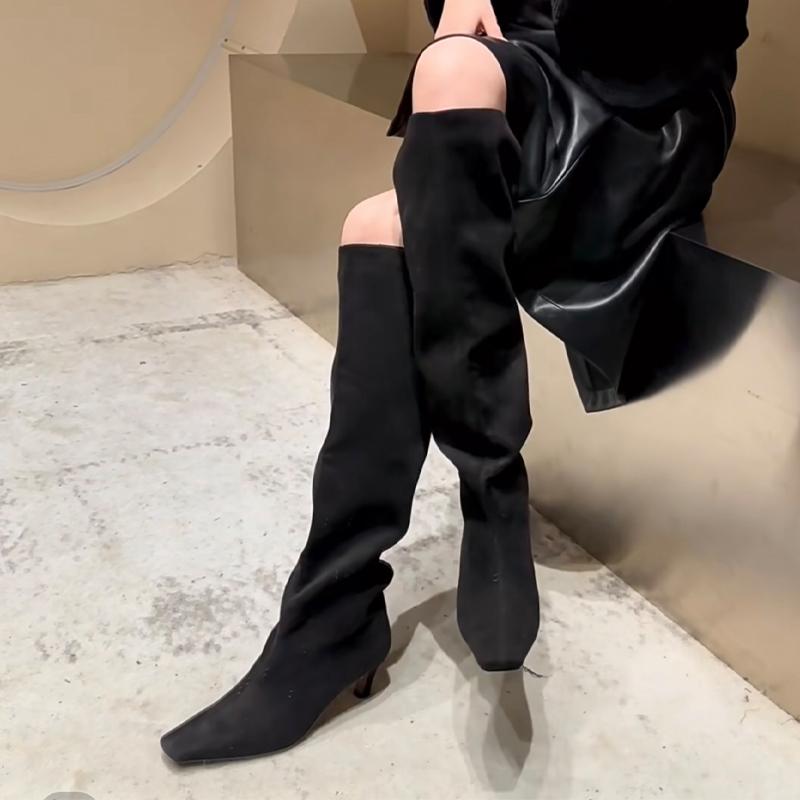 

Женские замшевые сапоги до колена, сексуальные туфли на высоком каблуке, зимние новые дизайнерские ботинки челси с квадратным носком, туфли-лодочки для вечеринок Mujer Botas 40 чёрный