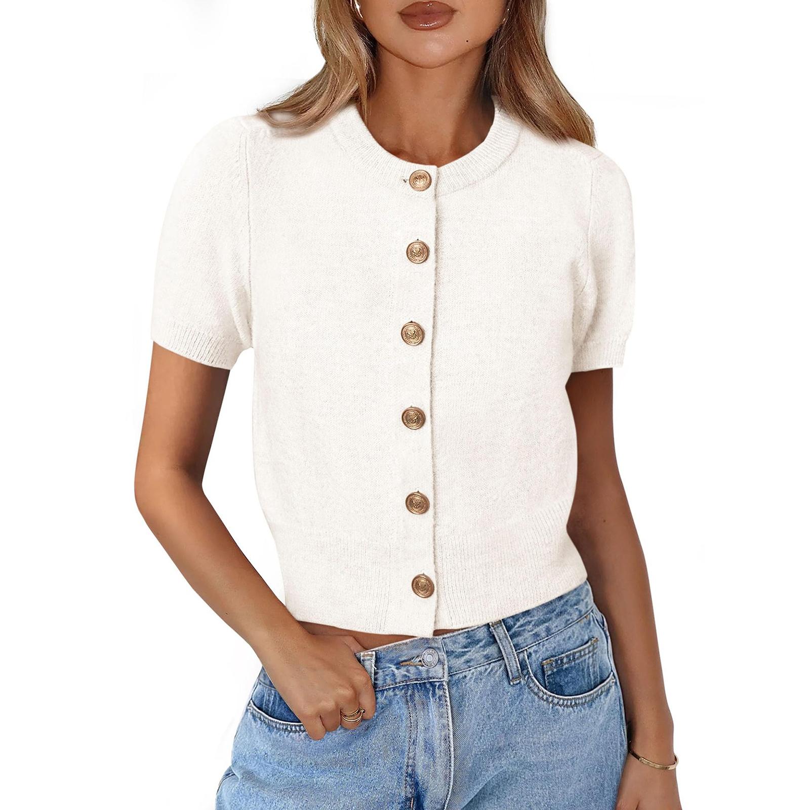 

Women s Short Sleeve Button Front Cardigan Crop Top Lightweight Knitwear Slim Fit Casual Sweater with Round Neck and Ribbed Hem XL білий