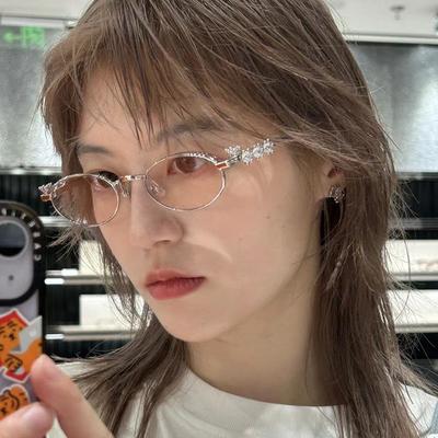 Retro Metal Oval Inlaid Diamond Gm Glasses Trendy High-End Small Frame Round Face Myopia With Degree Frame