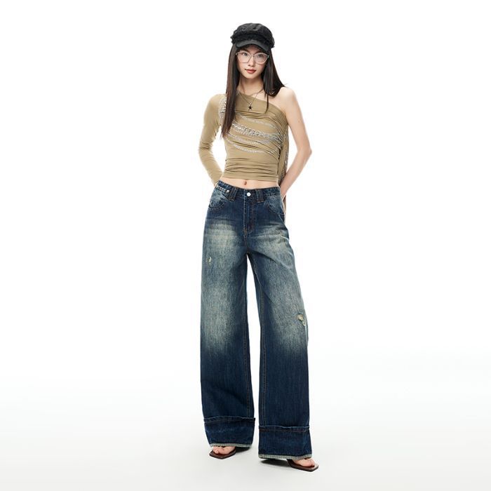 Spring Summer Dark Blue Vintage Cuffed Niche High Waist Fashion Wide Leg Denim Pants For Women Casual Pants Oversize Denim Trousers