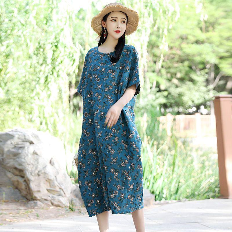 Blumendruck Kleid Damen Sommer Casual O-Ausschnitt Kurzarm Langes Kleid Böhmisches Strand Sommerkleid Vestidos