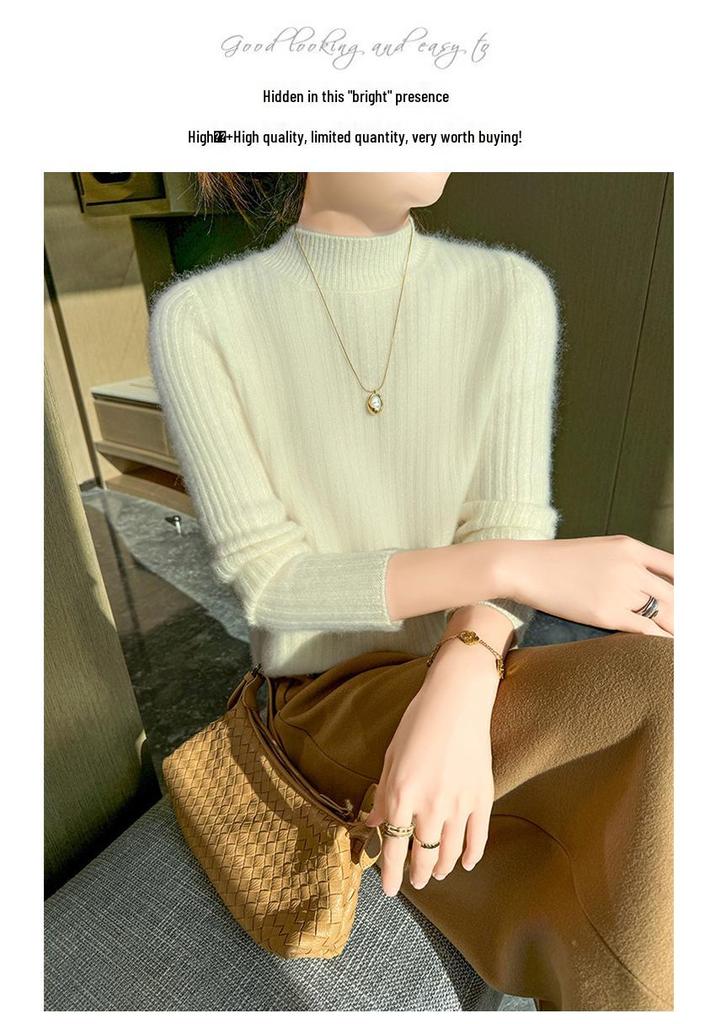 2024 Spring/Autumn Wool Ribbed Knit Sweater with Half-High Neck