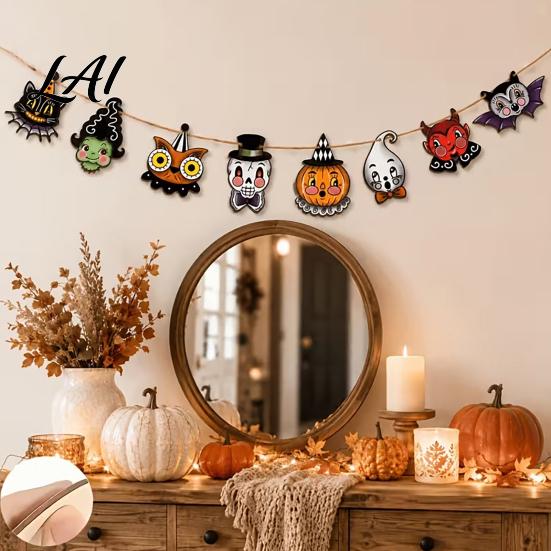 Halloween Party Decorations 8Pcs Bunting Banner Pumpkin Ghost Bat Witch Cartoon Hanging Garland Cute Props Retro Wooden Wall Flag for Home