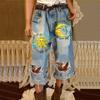 Womens Loose Fit Jeans Printed Distressed High Waisted Wide Leg Cropped Denim Pants