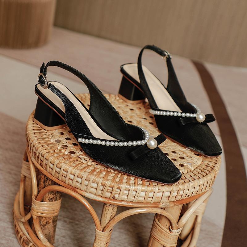 2025 new bag head sandals women wear high heels in summer, square head back strap, pearl fairy style thick heel single shoes