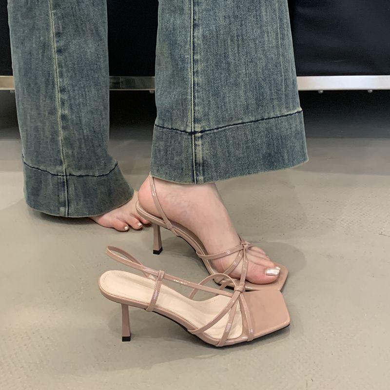 Internet celebrity temperament strappy celebrity stiletto open-toed high heels 2025 fairy style summer French cross-heeled sandals