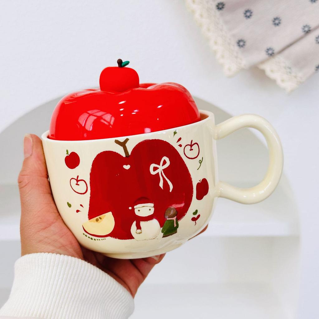 Neues Produkt mit Deckel Weihnachtsapfel Keramiktasse Hochwertiges Set Becher Souvenir Cartoon Niedlich Handbecher Geschenk