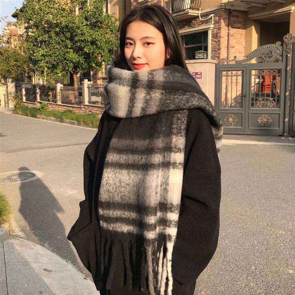 Cold Proof Women Mohair Plaid Scarf Thermal Fall Winter Neck Scarf Warm Tassel Shawl Wrap Students