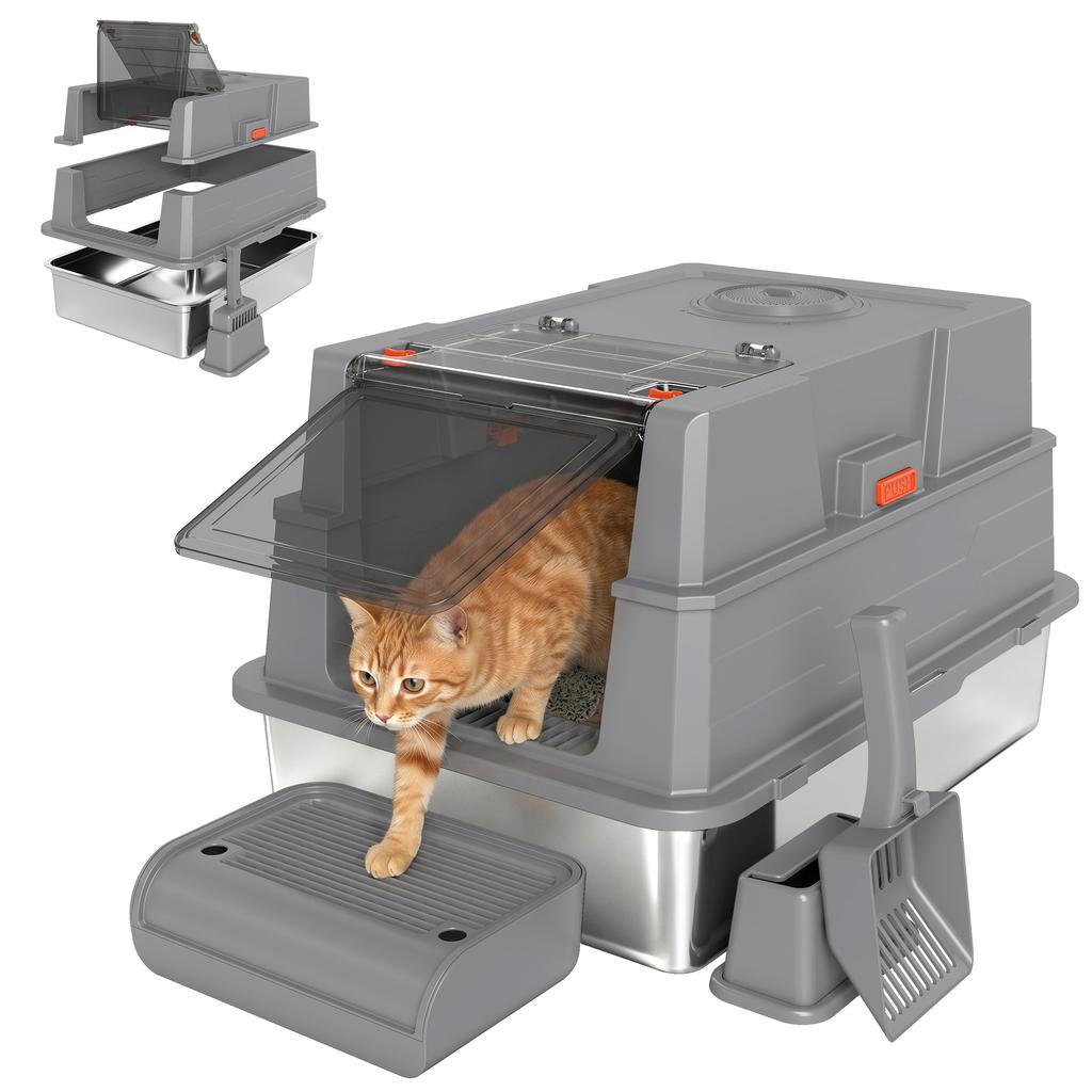 Lettiera per Gatti XXL in Acciaio Inossidabile 130L con Coperchio Pieghevole a 180 gradi, Pareti Laterali Alte, Paletta, Gradino, 70x50x43cm, Grigio