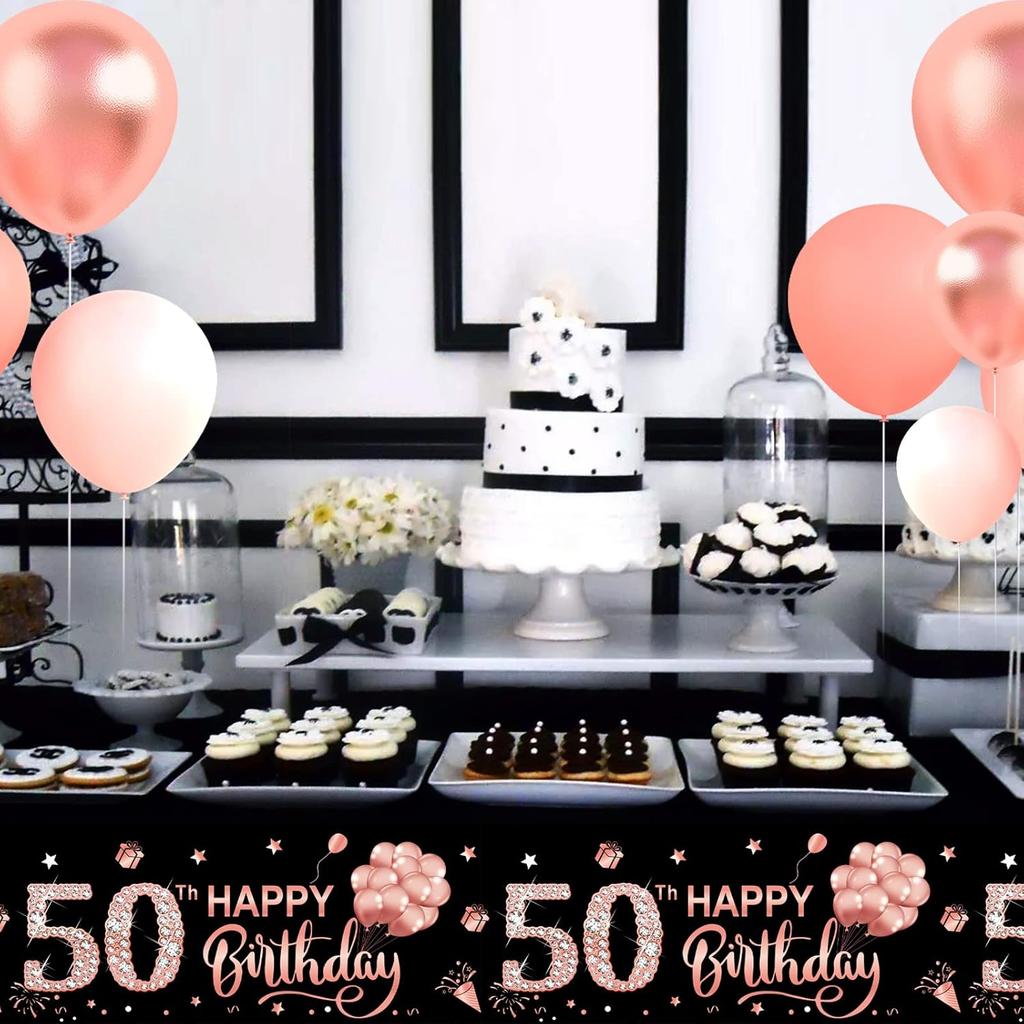 3 Pack Rose Gold Happy 50th Birthday Tablecloth Decorations - Fifty Years Old Plastic Disposable Rectangular Table Cover Party Supplies