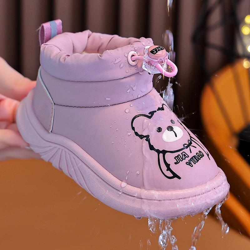 Niedliche Baumwoll-Schneestiefel mit Bärenaufdruck für Babyjungen und -mädchen - Winter-Slipper zum Hineinschlüpfen mit verdicktem Futter