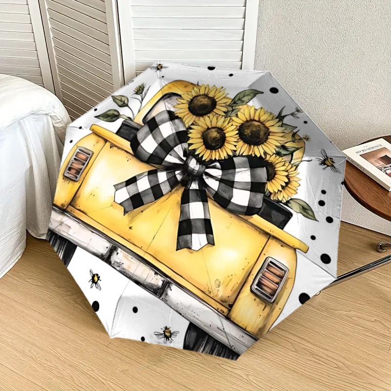 Sunflower Bowknot Yellow Pickup Truck - Automatic Opening Umbrella, Portable Folding Design, 8-Bone Iron Frame, Outdoor Rain Umbrella, Festi