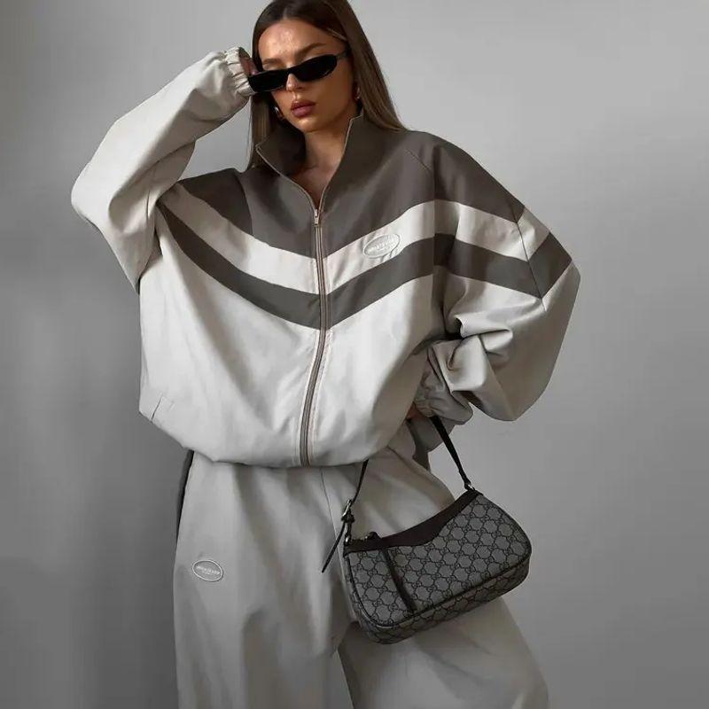 Two Piece Pants Set Sports Style Contrast Color Set Lapel Long Sleeve Outerwear Loose Trousers Two-piece Set
