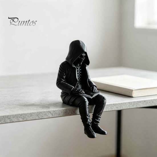 Schreibtisch-Ornament für das Büro 3D-gedruckte Kapuzen-Skelett-Figur beim Lesen, Gotischer Bücherregal-Rand-Sitzer-Statue, Harz Buch Halloween Schreibtisch Kaminsims Kaffee