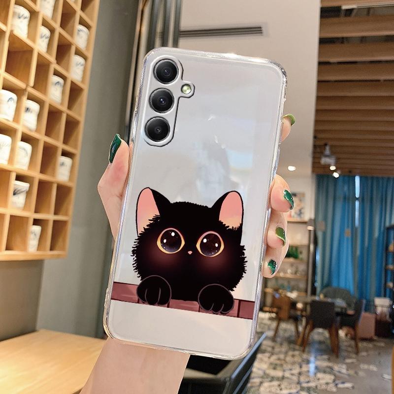 Cute Cat Cartoon Soft Transparent Silicon Case For Samsung A55 A35 M35 M34 S24 Xiaomi Redmi Note 13 Pro 13C Poco M6 Camera Shockproof Protective Cover