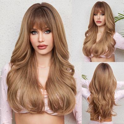 HAIRCUBE Long Wavy Brown Ombre Synthetic Wig Natural Wave Wig with Bangs for Black Women Heat Resistant Daily Use Cosplay Wig